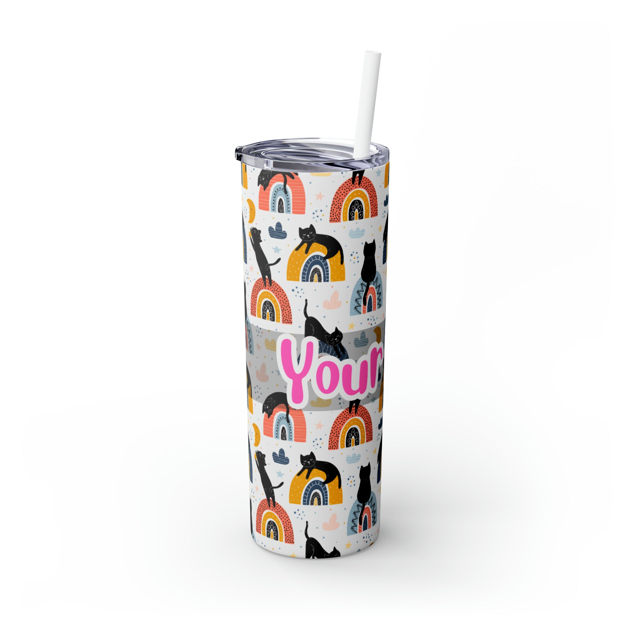 Personalized Black Cat Halloween Boho Rainbow with Your name #8 Halloween Skinny Tumbler with Straw