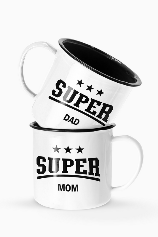 Super Dad and Super Mom Star Couples Enamel Camp Cup Set Wedding Enamel Couples Gift